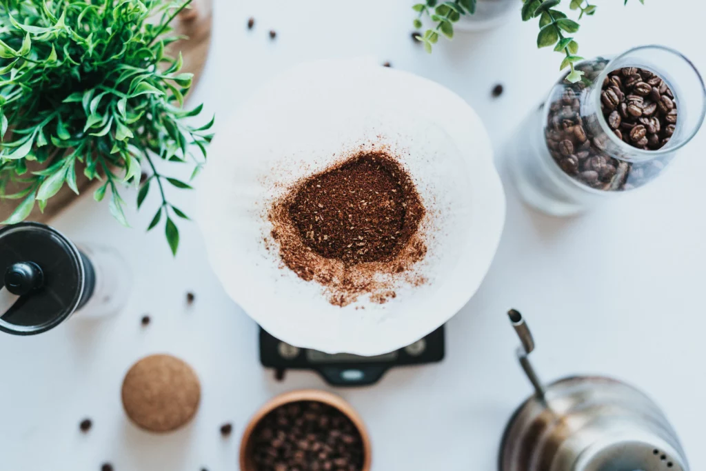 Cuisine zéro déchet : une photo du marc de café dans le filtre au centre, avec des plantes et des grains de café autour.