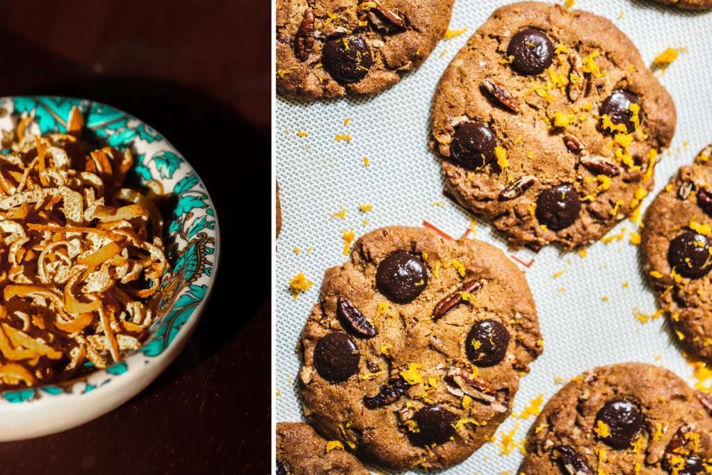 Cuisine zéro déchet : à gauche des zestes d'orange dans une bol avec des fleurs vertes. A droite des cookies aux pépites de chocolat et aux zestes d'orange.