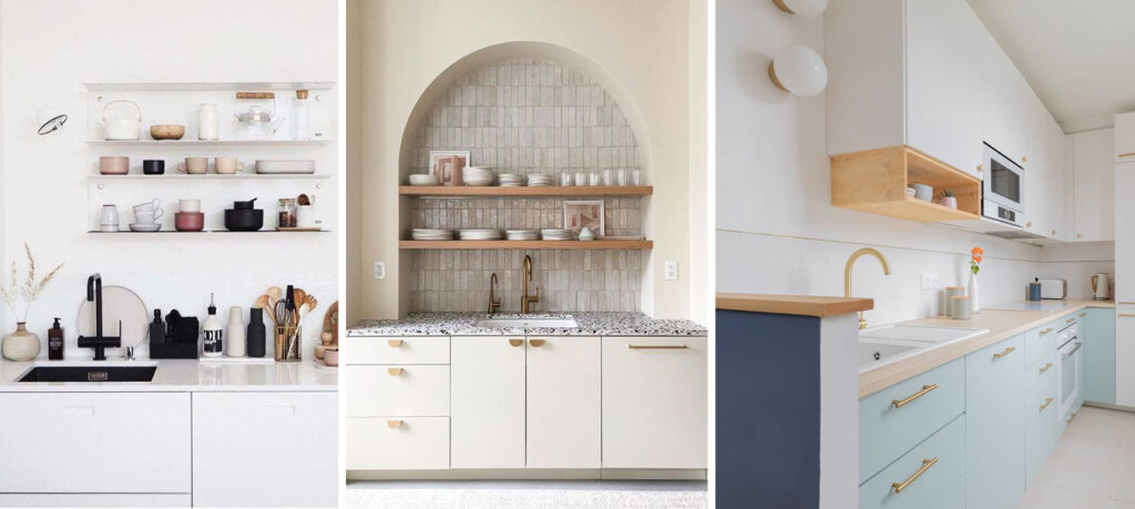 Déclinaison de trois cuisines avec étagères : une cuisine blanche avec des étagères blanches en métal, une cuisine dans les teintes beige et une cuisine dans les teintes pastel et bois clair.