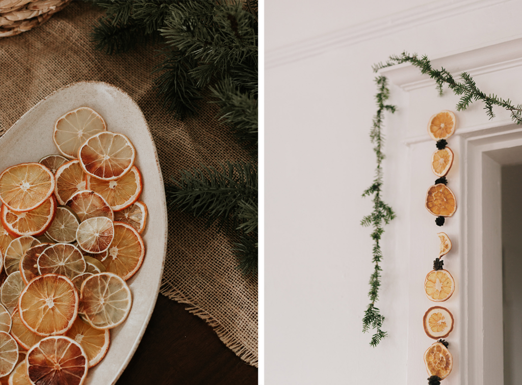 Pas à pas pour réaliser des guirlandes et décorations à partir d'oranges déshydratées. A gauche des tranches d'oranges séchées, à droite une guirlande d'orange et de cannelle.
