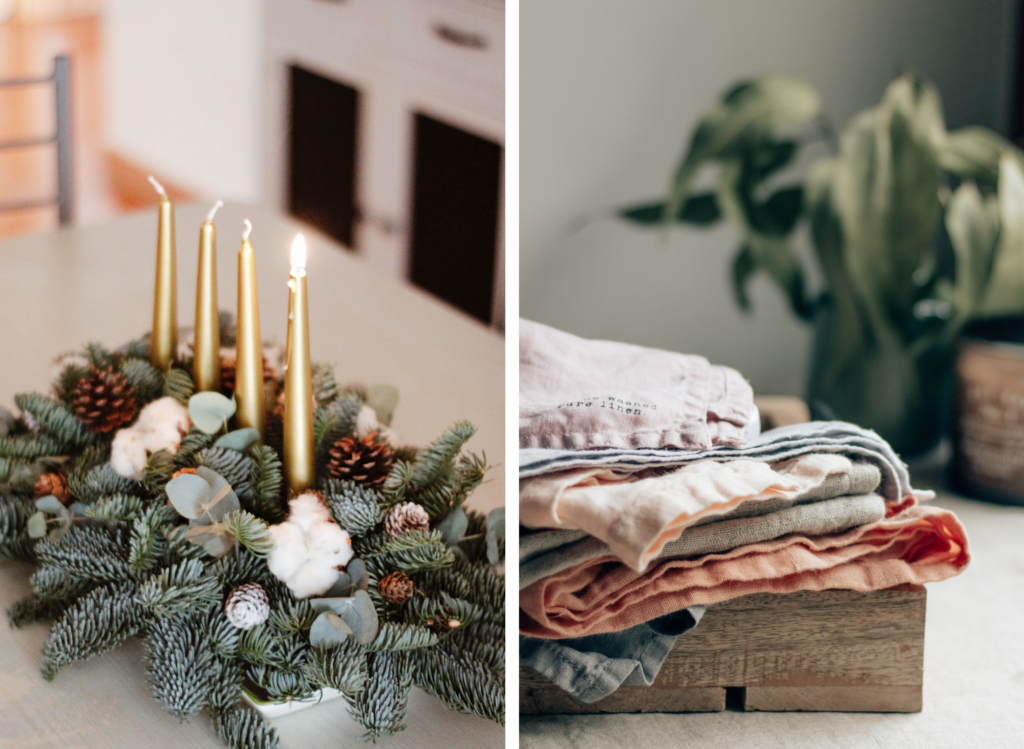 Noël slow, naturel et fait maison : créer un centre de table avec des branches de sapin et des bougies dorées et teindre des serviettes / nappes avec des produits naturels