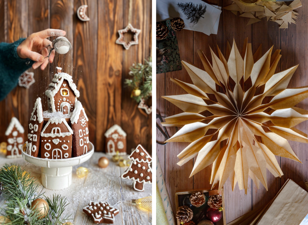 Noël slow, naturel et fait maison : décorer la table avec de l'art culinaire. Ici des maisons pain d'épice.