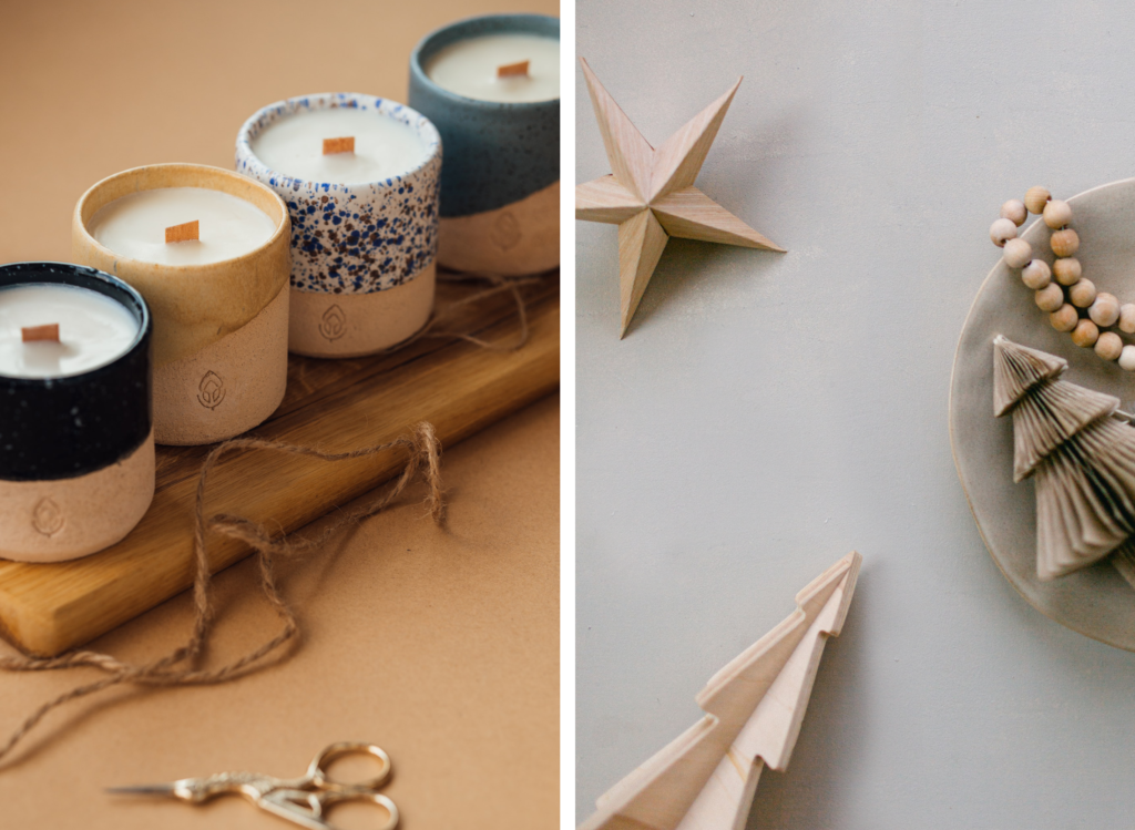 Noël slow, naturel et fait maison : des mugs transformés en bougies aux mèches en bois et des décorations (étoiles et sapin) en bois et papier.
