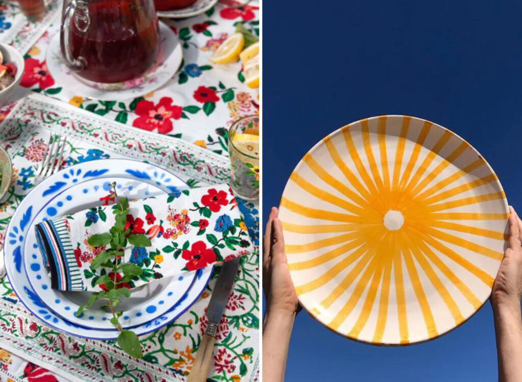 couleurs en cuisine : de la vaisselle et du linge de maison multicolore pour des tables estivales